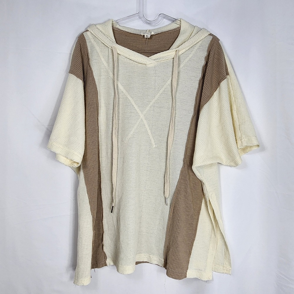 POL Womens Lightweight Waffle Knit Hoodie Colorblock Neutral Earthy Boho Medium‎